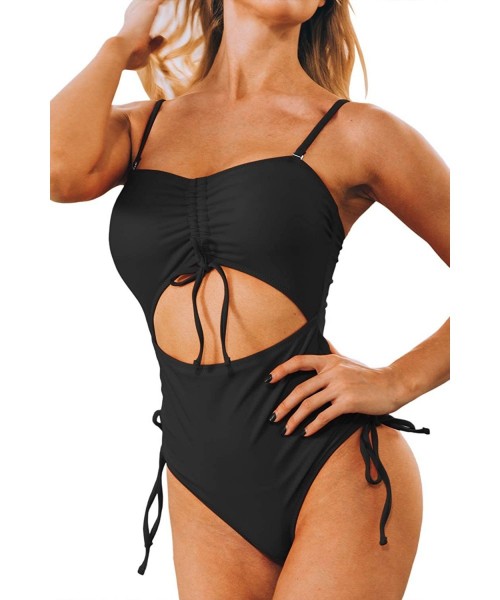 One-Pieces Removable Strappy Off Shoulder Tube Top Cutout Drawstring One Piece Swimsuit - Black - CR1944MSU93