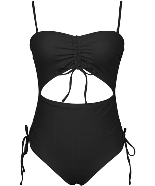 One-Pieces Removable Strappy Off Shoulder Tube Top Cutout Drawstring One Piece Swimsuit - Black - CR1944MSU93