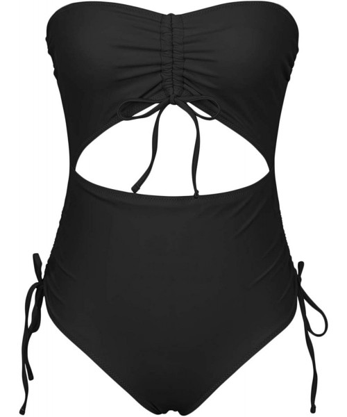 One-Pieces Removable Strappy Off Shoulder Tube Top Cutout Drawstring One Piece Swimsuit - Black - CR1944MSU93