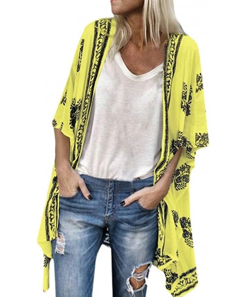 Cover-Ups Womens Kimono Cardigan- Boho Loose Half Sleeve Cover Up Smock Tops Blouses - Yellow - CO18TQDZRY2