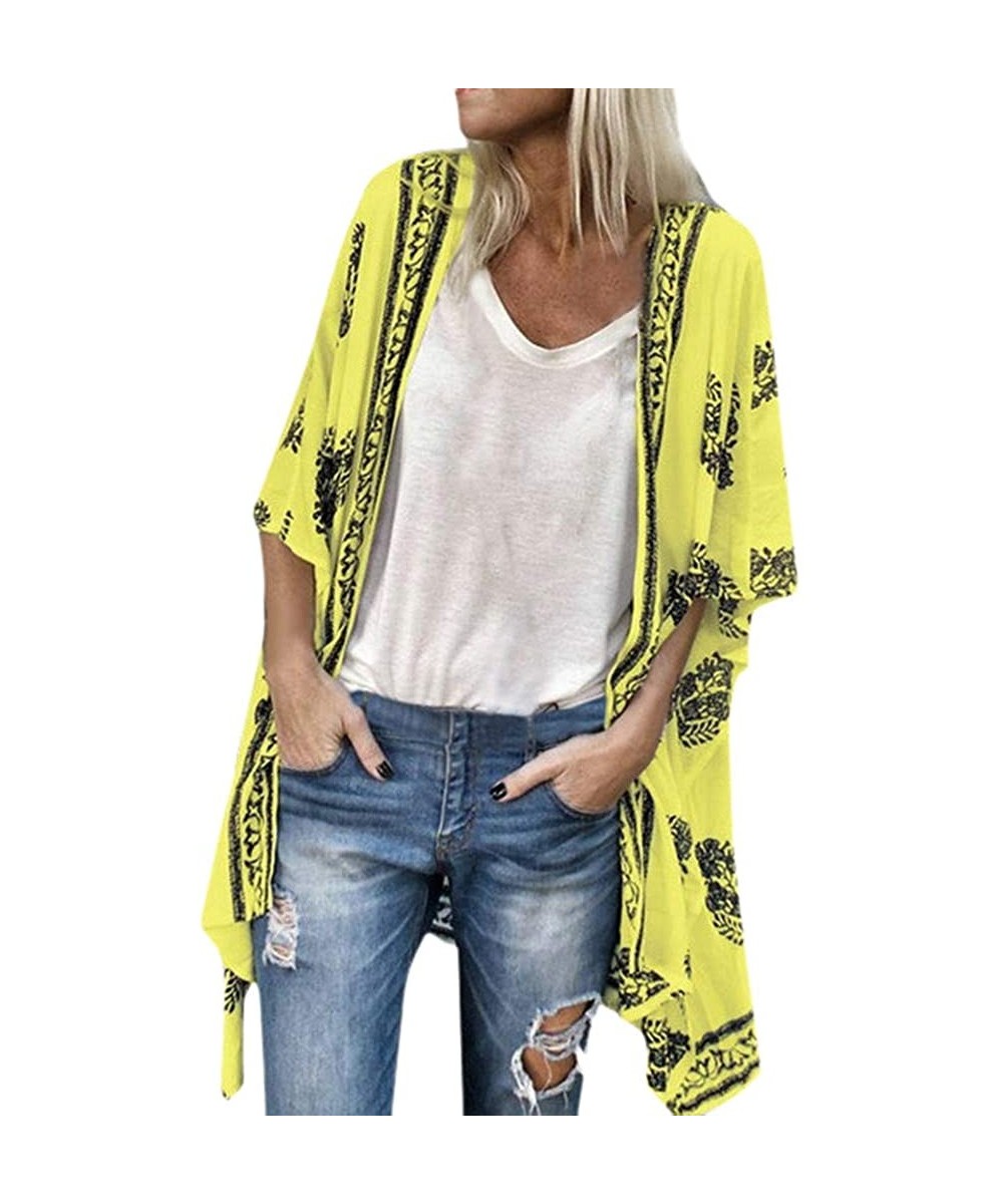 Cover-Ups Womens Kimono Cardigan- Boho Loose Half Sleeve Cover Up Smock Tops Blouses - Yellow - CO18TQDZRY2