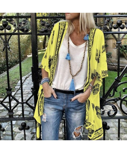 Cover-Ups Womens Kimono Cardigan- Boho Loose Half Sleeve Cover Up Smock Tops Blouses - Yellow - CO18TQDZRY2