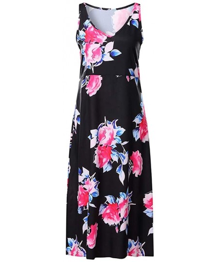 Cover-Ups Women's Summer Sleeveless Tank Dress Crewneck Floral Print Casual Party Maxi Swing Long Beach Dresses - Black - CA1...