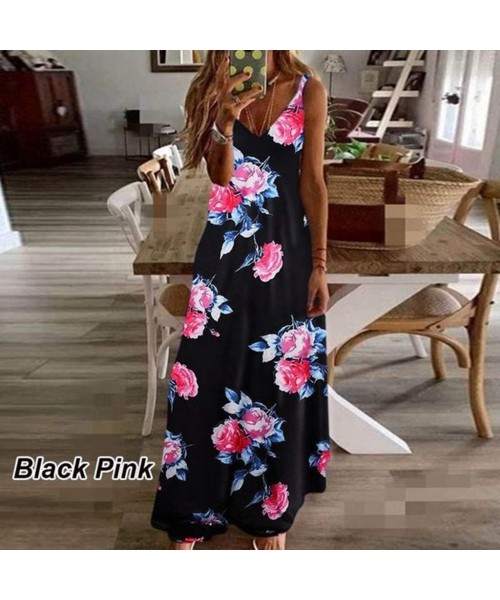 Cover-Ups Women's Summer Sleeveless Tank Dress Crewneck Floral Print Casual Party Maxi Swing Long Beach Dresses - Black - CA1...