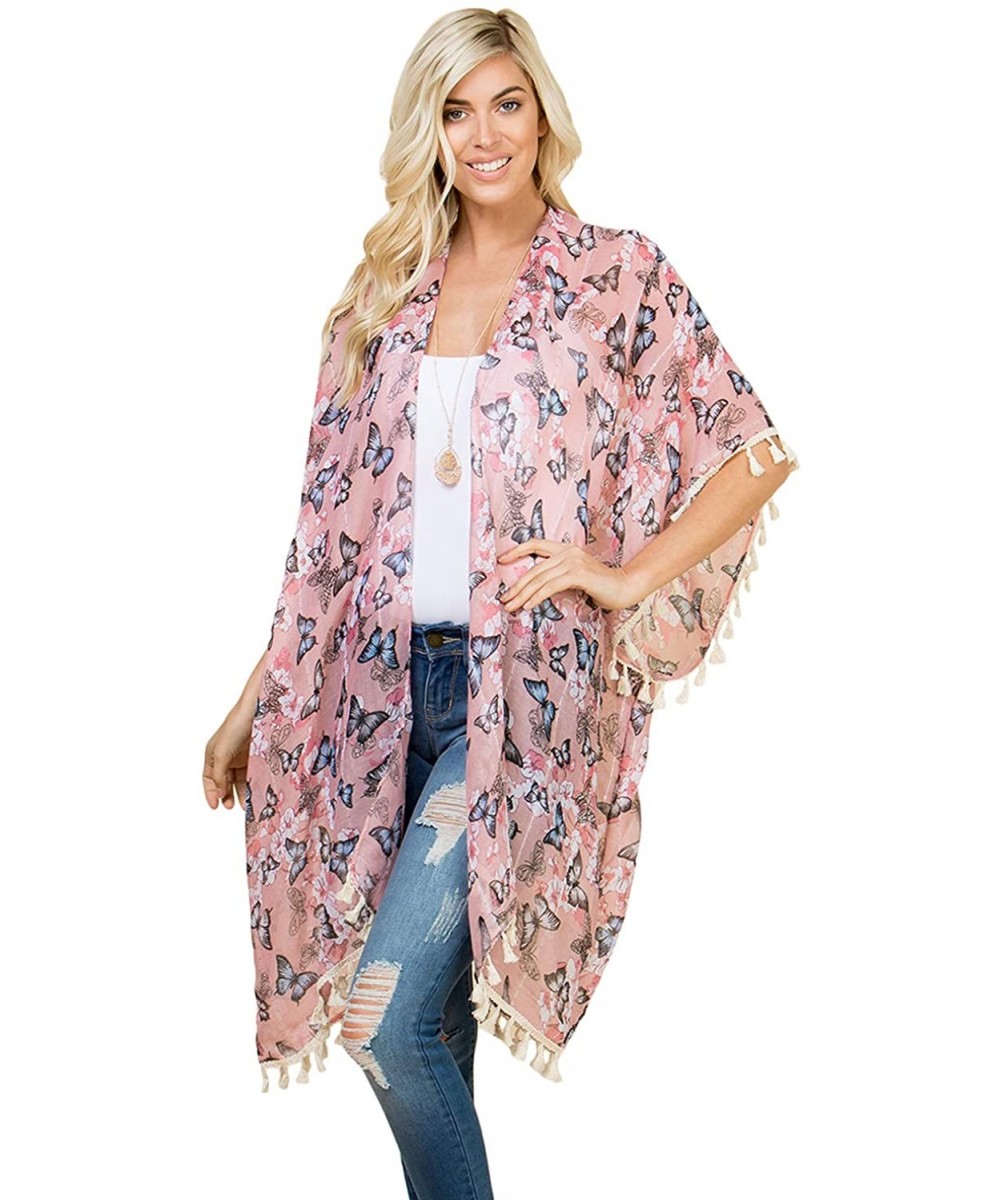 Cover-Ups Lightweight Sheer Open Shawl Cardigan - Kimono Kaftan Poncho- Versatile Beach Swim Cover-Up Vest Floral Tassel- Lea...