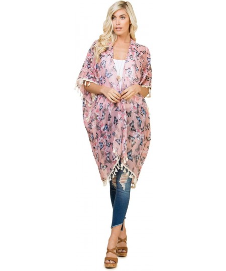 Cover-Ups Lightweight Sheer Open Shawl Cardigan - Kimono Kaftan Poncho- Versatile Beach Swim Cover-Up Vest Floral Tassel- Lea...