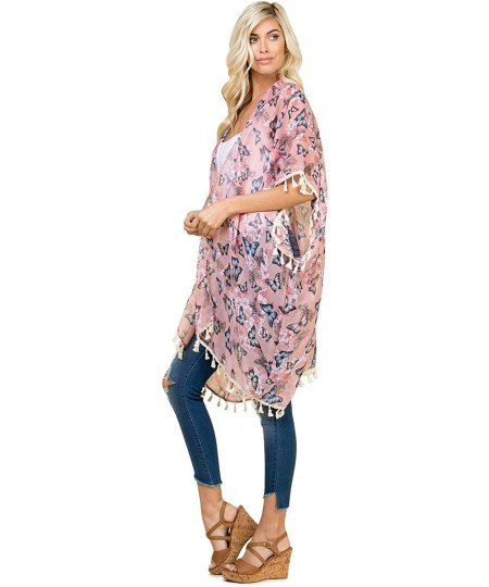 Cover-Ups Lightweight Sheer Open Shawl Cardigan - Kimono Kaftan Poncho- Versatile Beach Swim Cover-Up Vest Floral Tassel- Lea...