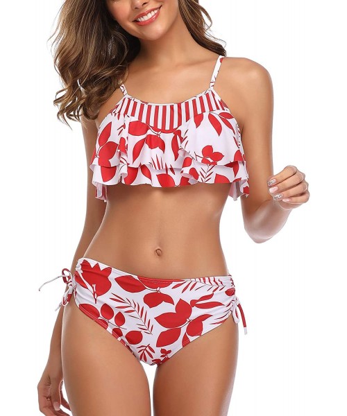 Sets Woemn Bikini Two Piece High Waisted Swimsuit Ruffled Flounce Tassel Bathing Suits - Red Leaves White - CK19C942NYE