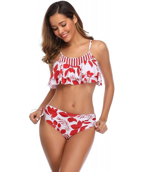 Sets Woemn Bikini Two Piece High Waisted Swimsuit Ruffled Flounce Tassel Bathing Suits - Red Leaves White - CK19C942NYE