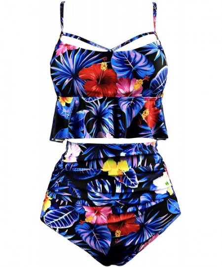 Sets Women's Retro Two Pieces High Waisted Ruffle Bikini Set Flounce Falbala Swimwear Bathing Suit - Blue Floral - CH18TY99Y3K