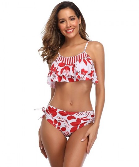 Sets Woemn Bikini Two Piece High Waisted Swimsuit Ruffled Flounce Tassel Bathing Suits - Red Leaves White - CK19C942NYE