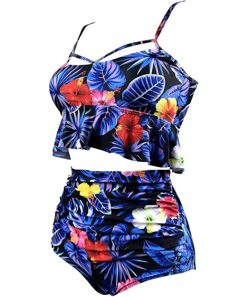 Sets Women's Retro Two Pieces High Waisted Ruffle Bikini Set Flounce Falbala Swimwear Bathing Suit - Blue Floral - CH18TY99Y3K