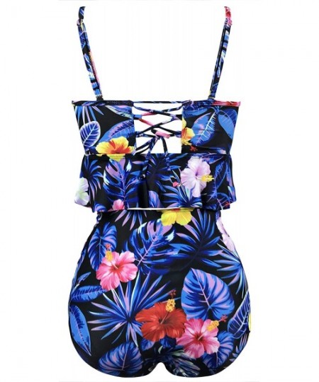 Sets Women's Retro Two Pieces High Waisted Ruffle Bikini Set Flounce Falbala Swimwear Bathing Suit - Blue Floral - CH18TY99Y3K