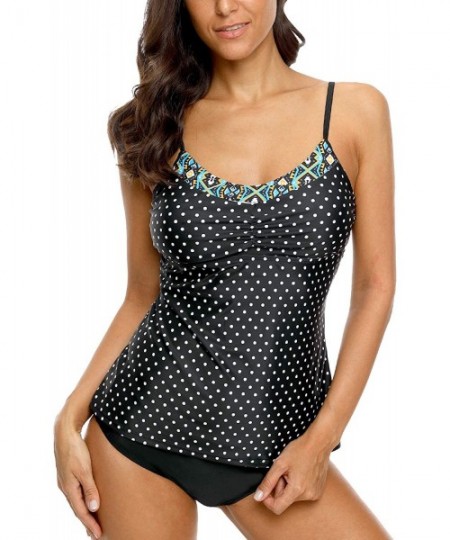 Sets Women's Polka Dot Tankini Set Modest Bandeau Two Piece Swimsuits Tummy Control - Tribal Trim/Black - C118M9Z552H