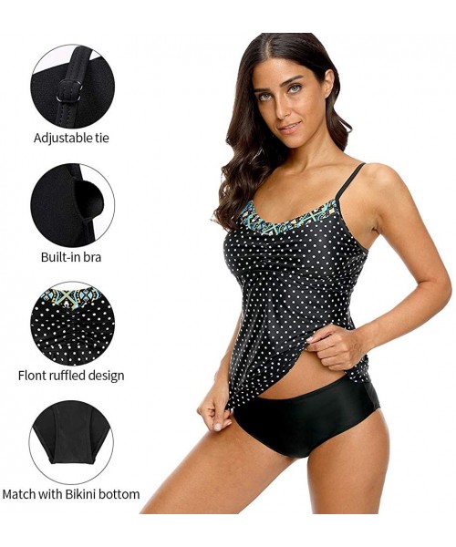 Sets Women's Polka Dot Tankini Set Modest Bandeau Two Piece Swimsuits Tummy Control - Tribal Trim/Black - C118M9Z552H