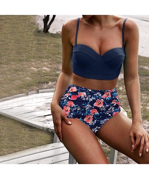 Sets Women Sexy High Waist Split Bikinis Set Swimwear Cover Up Swimuit Female Retro Beachewear Cheeky Bikini Dark Blue - CM18...