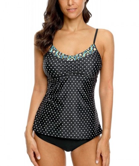 Sets Women's Polka Dot Tankini Set Modest Bandeau Two Piece Swimsuits Tummy Control - Tribal Trim/Black - C118M9Z552H