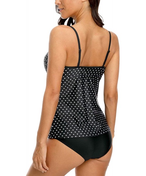 Sets Women's Polka Dot Tankini Set Modest Bandeau Two Piece Swimsuits Tummy Control - Tribal Trim/Black - C118M9Z552H