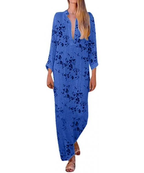 Cover-Ups Women's Fashion Printed Long Sleeve V-Neck Silky Vintage Elegant Maxi Dress Split Hem Baggy Kaftan Long Dress - Blu...