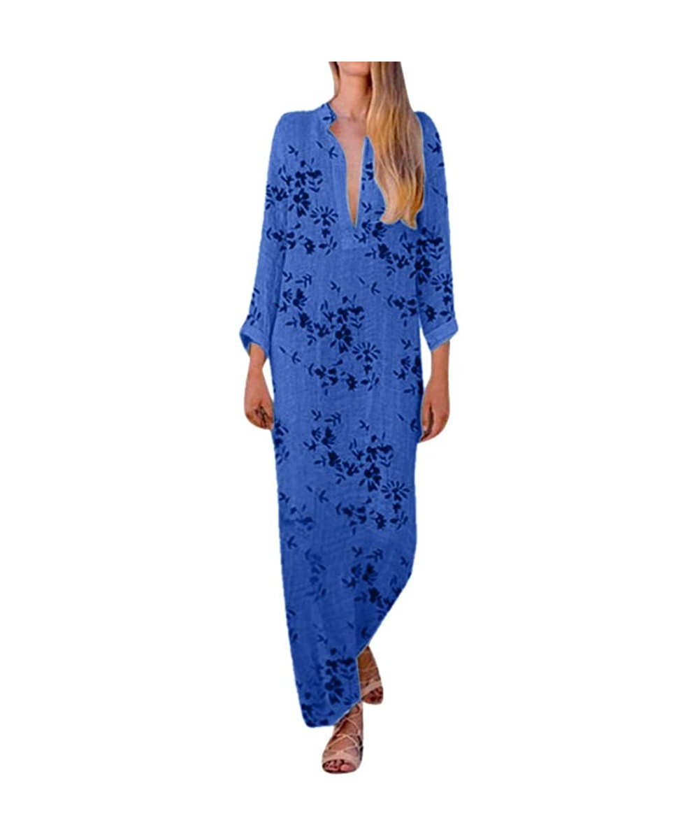 Cover-Ups Women's Fashion Printed Long Sleeve V-Neck Silky Vintage Elegant Maxi Dress Split Hem Baggy Kaftan Long Dress - Blu...