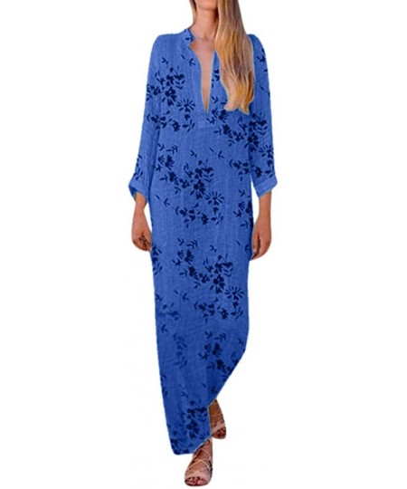 Cover-Ups Women's Fashion Printed Long Sleeve V-Neck Silky Vintage Elegant Maxi Dress Split Hem Baggy Kaftan Long Dress - Blu...