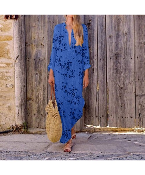 Cover-Ups Women's Fashion Printed Long Sleeve V-Neck Silky Vintage Elegant Maxi Dress Split Hem Baggy Kaftan Long Dress - Blu...