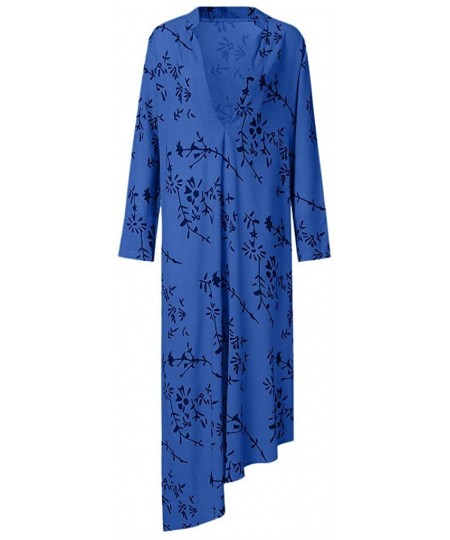 Cover-Ups Women's Fashion Printed Long Sleeve V-Neck Silky Vintage Elegant Maxi Dress Split Hem Baggy Kaftan Long Dress - Blu...