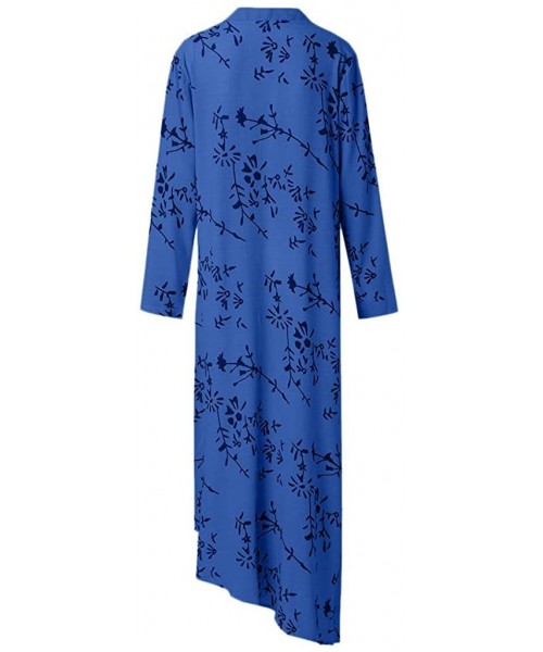 Cover-Ups Women's Fashion Printed Long Sleeve V-Neck Silky Vintage Elegant Maxi Dress Split Hem Baggy Kaftan Long Dress - Blu...