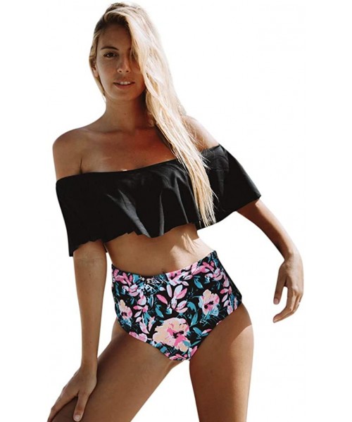 Sets Women's 2PC Ruffled Flounce Swimsuits Falbala Top High Waist Bottoms Swimwear Black - CN18RX2XE5O