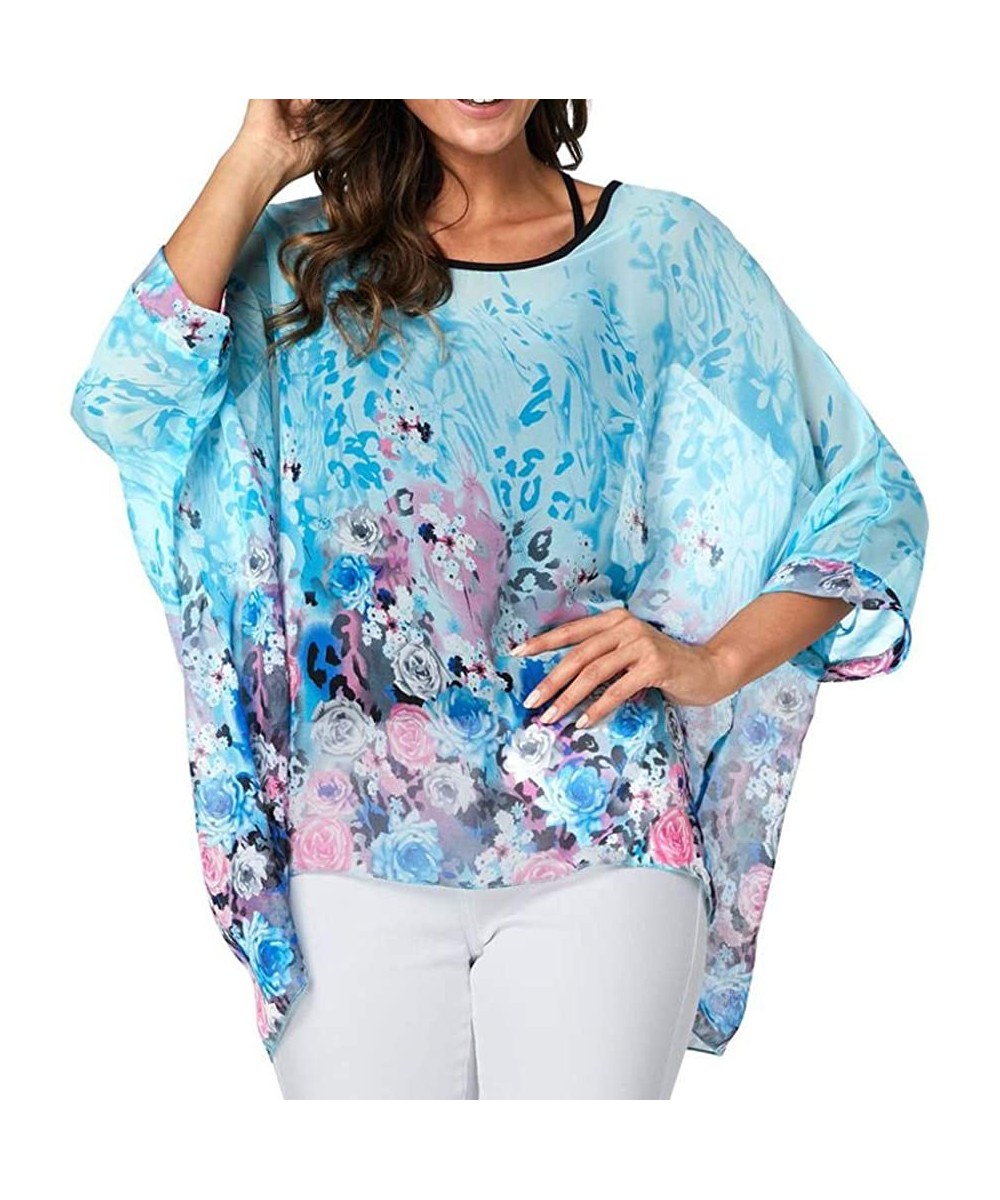 Cover-Ups Women Chiffon Blouse Floral Batwing Sleeve Beach Cover Up Loose Tunic Shirt Tops - 4345 - CP18RHOA355