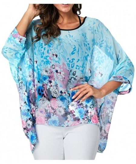 Cover-Ups Women Chiffon Blouse Floral Batwing Sleeve Beach Cover Up Loose Tunic Shirt Tops - 4345 - CP18RHOA355