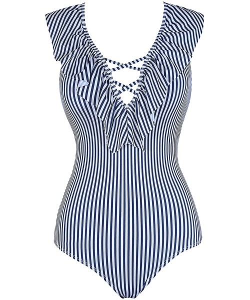 One-Pieces Womens Halter/V Neck Swimsuit One Piece Floral Print Bathing Suit - Crop Stripe Print - C618SQTDZGH