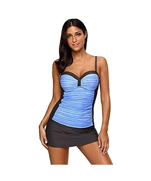 Sets Women 2 Piece Tankini Set Ruched Push Up Printed Bathing Suits Tummy Control Swimsuit Beachwear with Swim Skirt Blue - C...