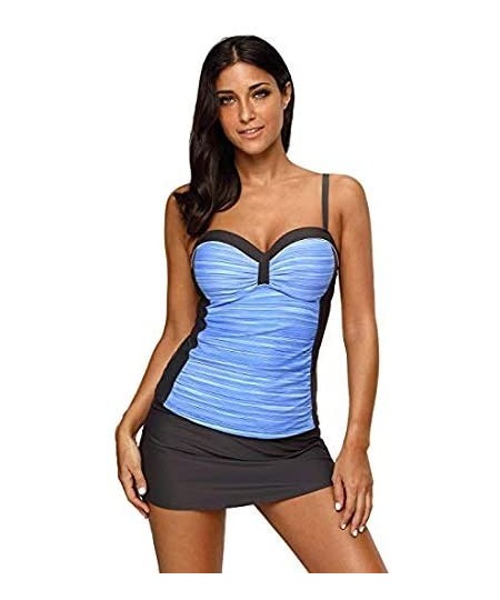 Sets Women 2 Piece Tankini Set Ruched Push Up Printed Bathing Suits Tummy Control Swimsuit Beachwear with Swim Skirt Blue - C...