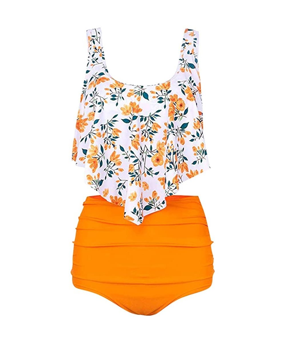 Sets Women Bikini Plus Size Ruffle Lotus Leaf Print High Waist Split Two Piece Swimsuits Set - Orange@ - C518S5Q9SGR