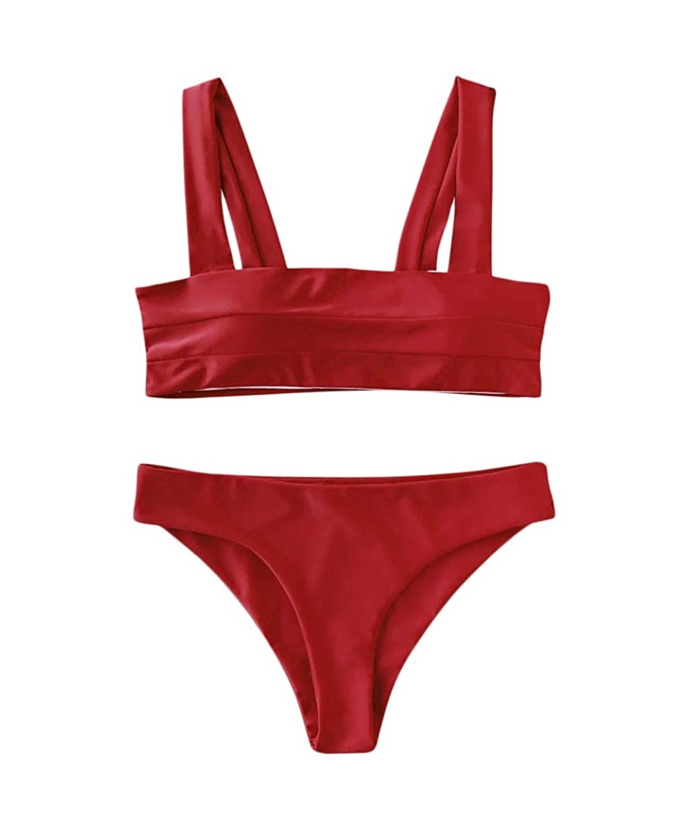 Sets Women's Wide Straps Padded Solid Two Piece Bandeau Bikini Set Swimsuit - Red - CX18C75WXTC