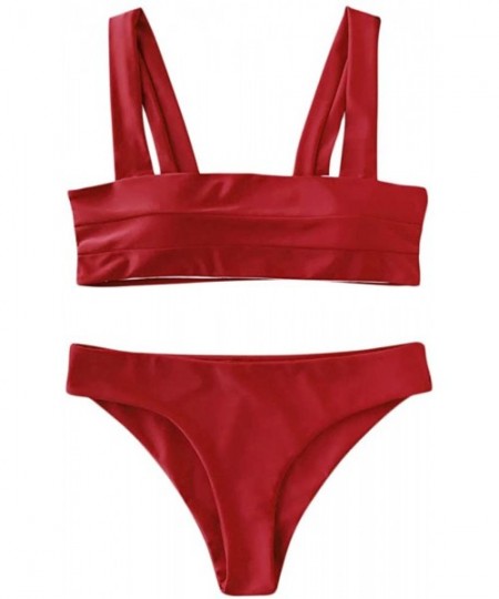 Sets Women's Wide Straps Padded Solid Two Piece Bandeau Bikini Set Swimsuit - Red - CX18C75WXTC