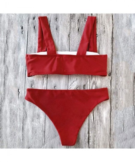 Sets Women's Wide Straps Padded Solid Two Piece Bandeau Bikini Set Swimsuit - Red - CX18C75WXTC