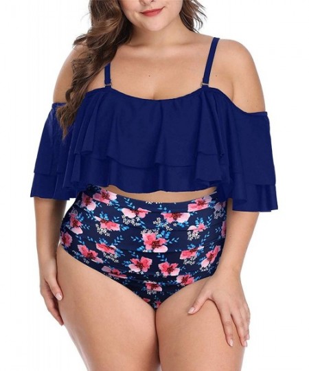 Sets Plus Size Two Piece Swimsuits for Women Off Shoulder Top High Waisted Ruched Bikini - Navy Blue - CL18UQUD90T