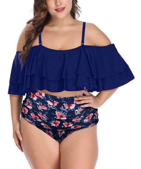 Sets Plus Size Two Piece Swimsuits for Women Off Shoulder Top High Waisted Ruched Bikini - Navy Blue - CL18UQUD90T