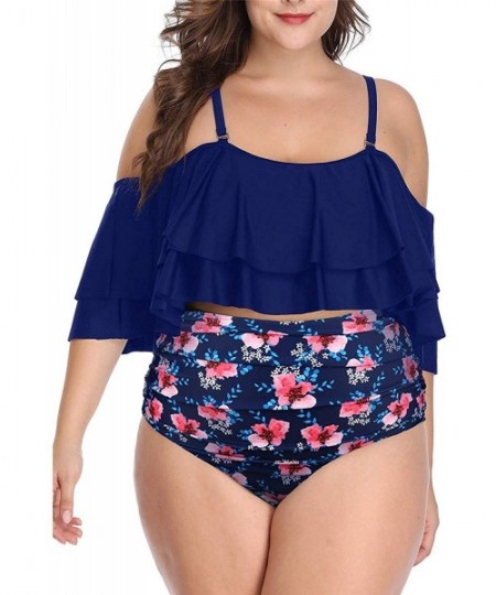 Sets Plus Size Two Piece Swimsuits for Women Off Shoulder Top High Waisted Ruched Bikini - Navy Blue - CL18UQUD90T