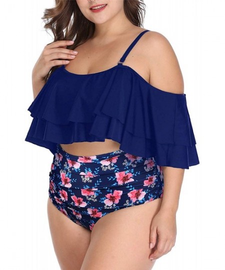 Sets Plus Size Two Piece Swimsuits for Women Off Shoulder Top High Waisted Ruched Bikini - Navy Blue - CL18UQUD90T