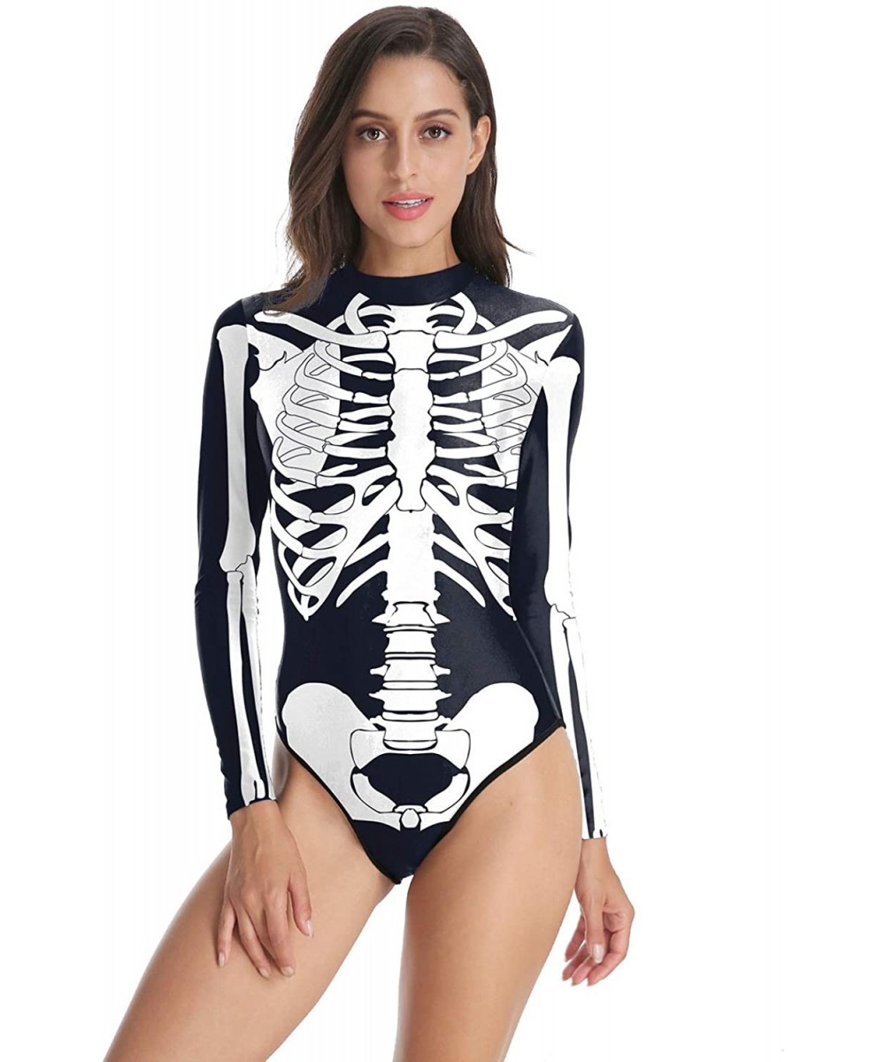 One-Pieces Women's Zip Back Printed Long Sleeve One Piece Swimsuit Swimwear - Skeleton - C218M96WK2Y