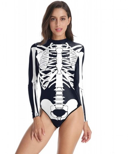 One-Pieces Women's Zip Back Printed Long Sleeve One Piece Swimsuit Swimwear - Skeleton - C218M96WK2Y