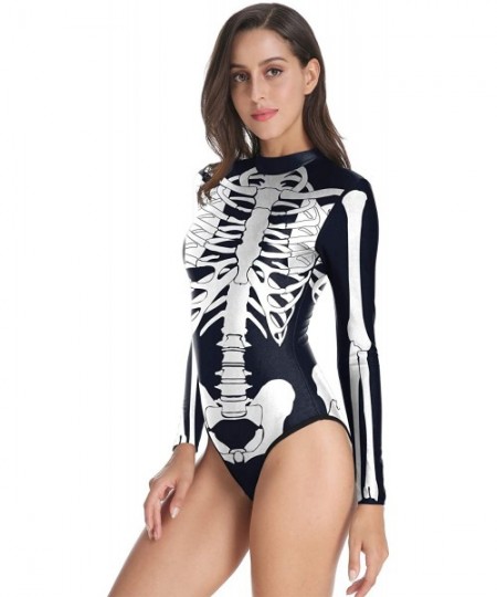 One-Pieces Women's Zip Back Printed Long Sleeve One Piece Swimsuit Swimwear - Skeleton - C218M96WK2Y