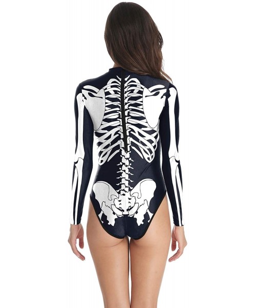 One-Pieces Women's Zip Back Printed Long Sleeve One Piece Swimsuit Swimwear - Skeleton - C218M96WK2Y