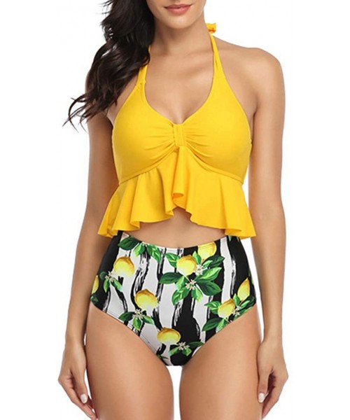 Tankinis Women Two Piece Bathing Suit Halter Ruffled Crop Bikini Top High Waisted Tankini Bottom Swimsuit - Yellow - CC195ARIY5X