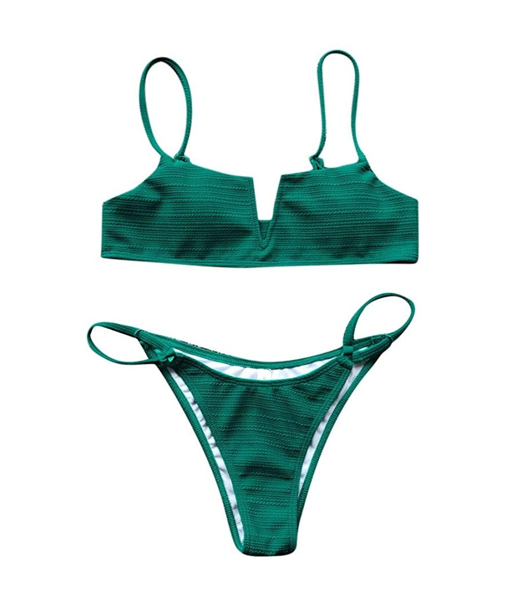 Sets 2020 Summer Women's Floral Print V Wired Underwire High Cut Spaghetti Straps Bikini Set Two Piece Swimsuit A green - CG1...