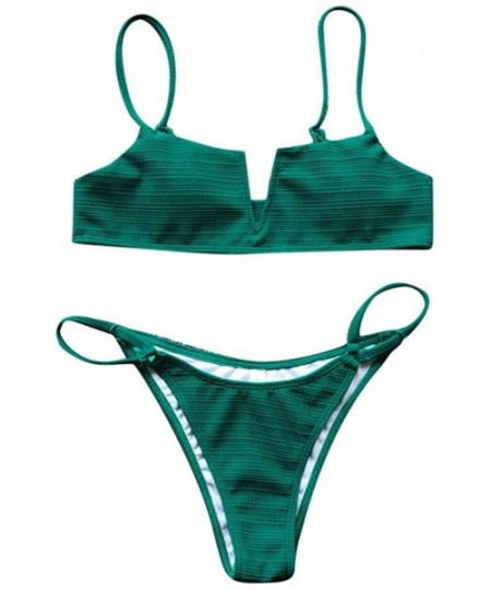 Sets 2020 Summer Women's Floral Print V Wired Underwire High Cut Spaghetti Straps Bikini Set Two Piece Swimsuit A green - CG1...