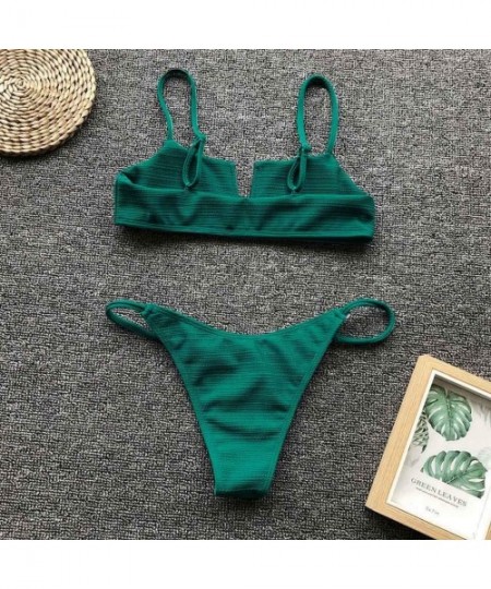 Sets 2020 Summer Women's Floral Print V Wired Underwire High Cut Spaghetti Straps Bikini Set Two Piece Swimsuit A green - CG1...